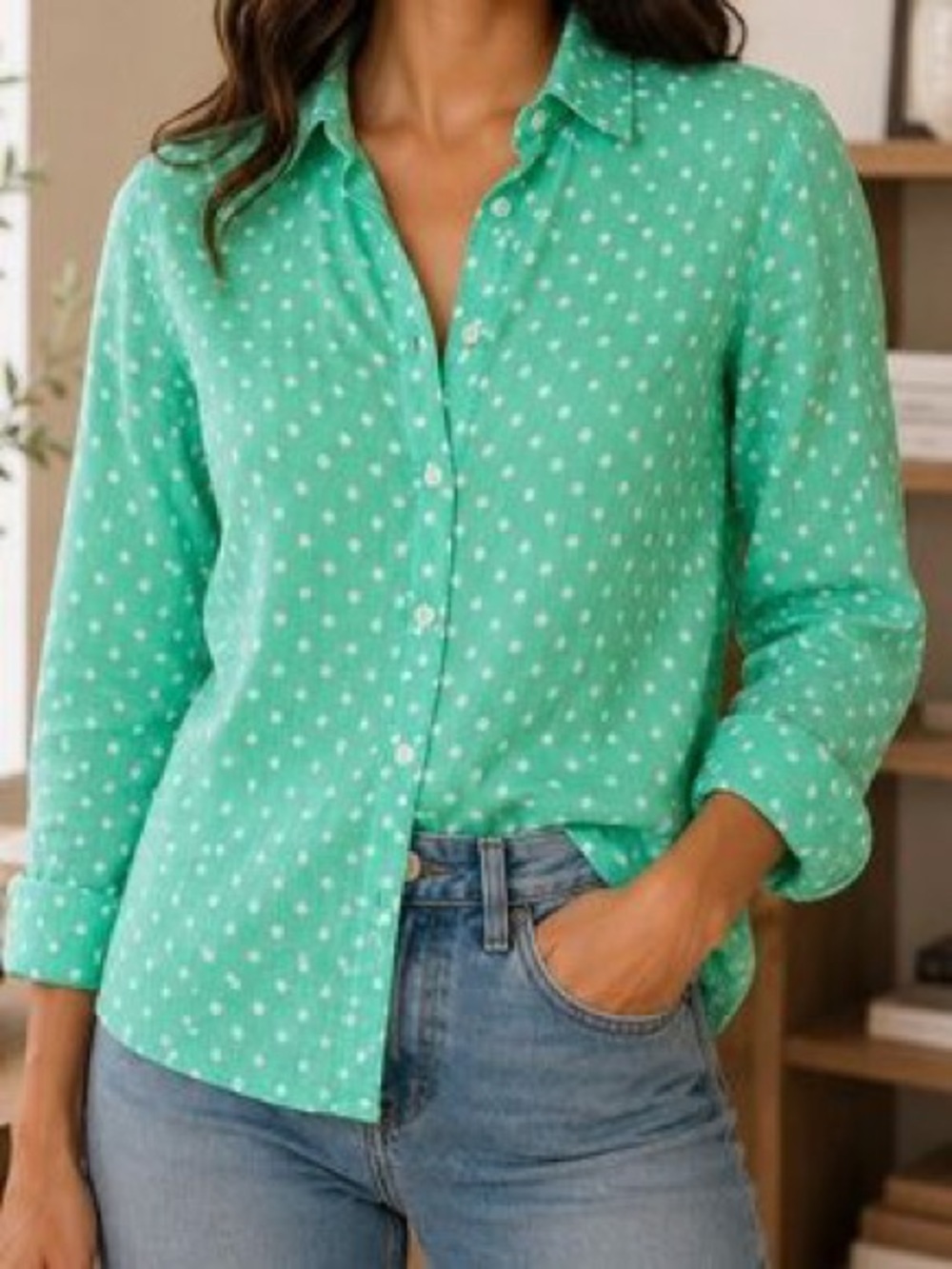 J CREW perfect Linen Long Sleeve Button Down BLOUSE Green White Polka Dot Size 6
